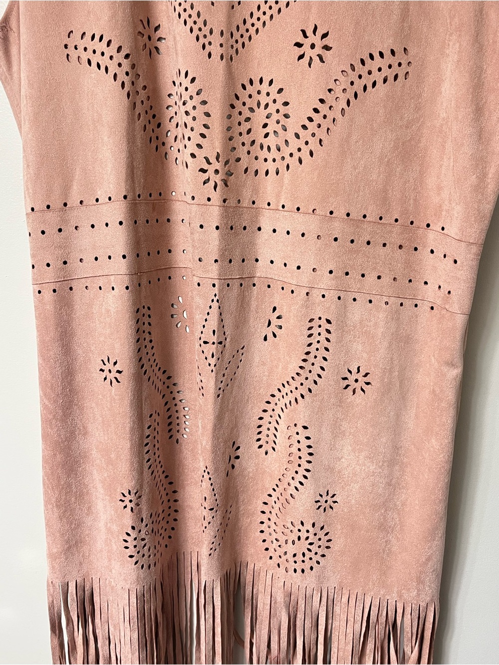 Dusty Rose Suede Fringe Laser Cut Vest Dress - Picture 10 of 10